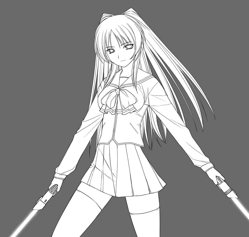 a1 (initial-g), kousaka tamaki, to heart (series), to heart 2, 00s, 1girl, dual wielding, energy sword, female focus, grey background, greyscale, hands on own hips, holding, lightsaber, long hair, monochrome, pleated skirt, school uniform, serafuku, simple background, skirt, solo, spread legs, standing, sword, thighhighs, weapon, zettai ryouiki