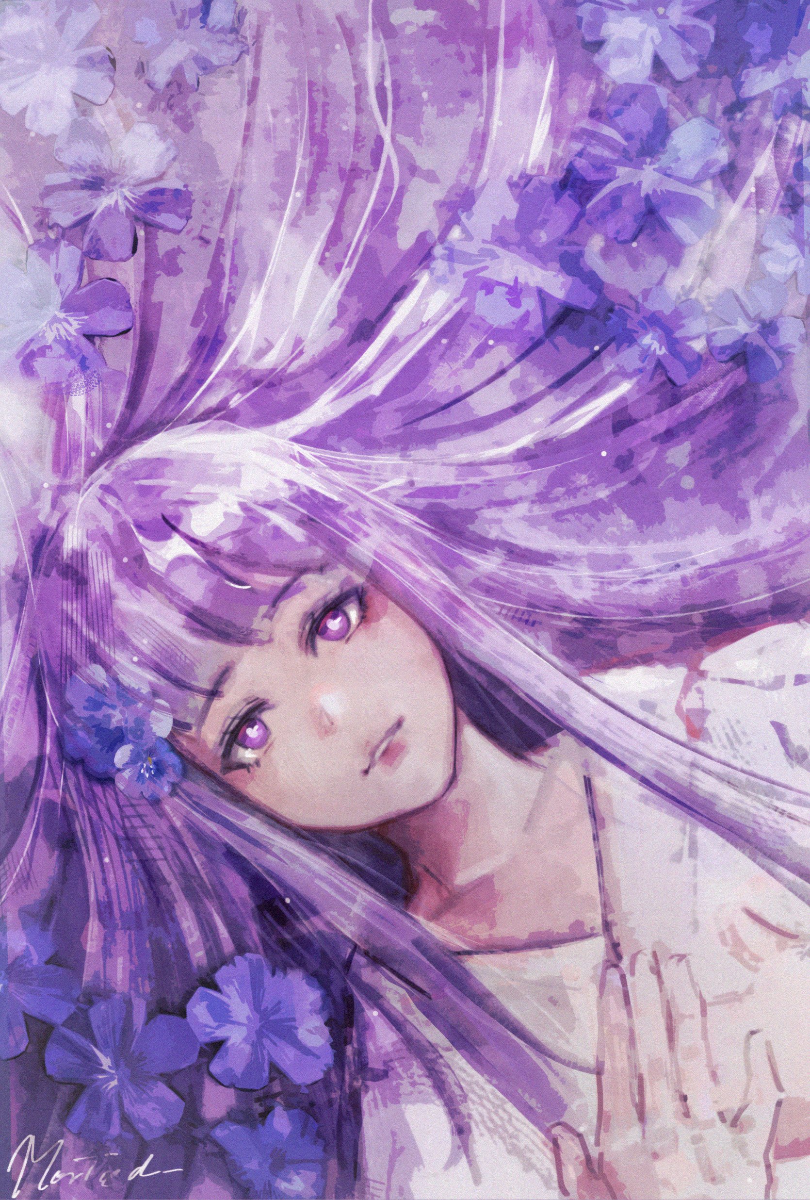 fern (sousou no frieren), sousou no frieren, absurdres, commentary, highres, 1girl, blunt bangs, flower, hand on own chest, lips, long hair, looking at viewer, lying, morted art, on back, parted lips, portrait, purple eyes, purple flower, purple hair, signature, solo