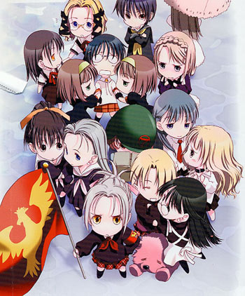 kurogane ken, hayato kyouko, inubousaki setsuka, isurugi ayame, kai chikae, kasagi aki, kasagi nori, komai chizuru, komai shigure, naitou momoko, ookami sayuri, sumi suu, takashiro benio, tsukudajima hatoko, yoshikiri utano, yuzuha tomoi, shoujo sect, arm grab, silver hair, character request, lowres, official art, 00s, 6+girls, :<, :d, :o, ^ ^, androgynous, angry, armband, black hair, blonde hair, blue hair, blush, braid, brown hair, calendar, chibi, chibi only, closed eyes, collar, couple, dog, dress, everyone, eye contact, flag, frown, glasses, gloves, hair ribbon, hairband, helmet, kneehighs, long hair, looking at another, multiple girls, necktie, open mouth, pantyhose, parasol, parted bangs, plaid clothes, plaid skirt, ponytail, ribbon, school uniform, serafuku, short hair, siblings, sisters, skirt, smile, socks, standing, twins, umbrella, water, wavy hair, yuri