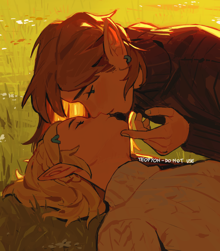pyonteo, nintendo, the legend of zelda, the legend of zelda: breath of the wild, 1boy, 1girl, black sweater, blonde hair, cable knit, closed eyes, earrings, grass, hair ornament, hairclip, half-closed eyes, hand on another's chin, hetero, jewelry, kiss, looking at another, lying, on back, outdoors, parted bangs, parted lips, pointy ears, short hair, sidelocks, sweater, turtleneck, turtleneck sweater, upper body, white sweater