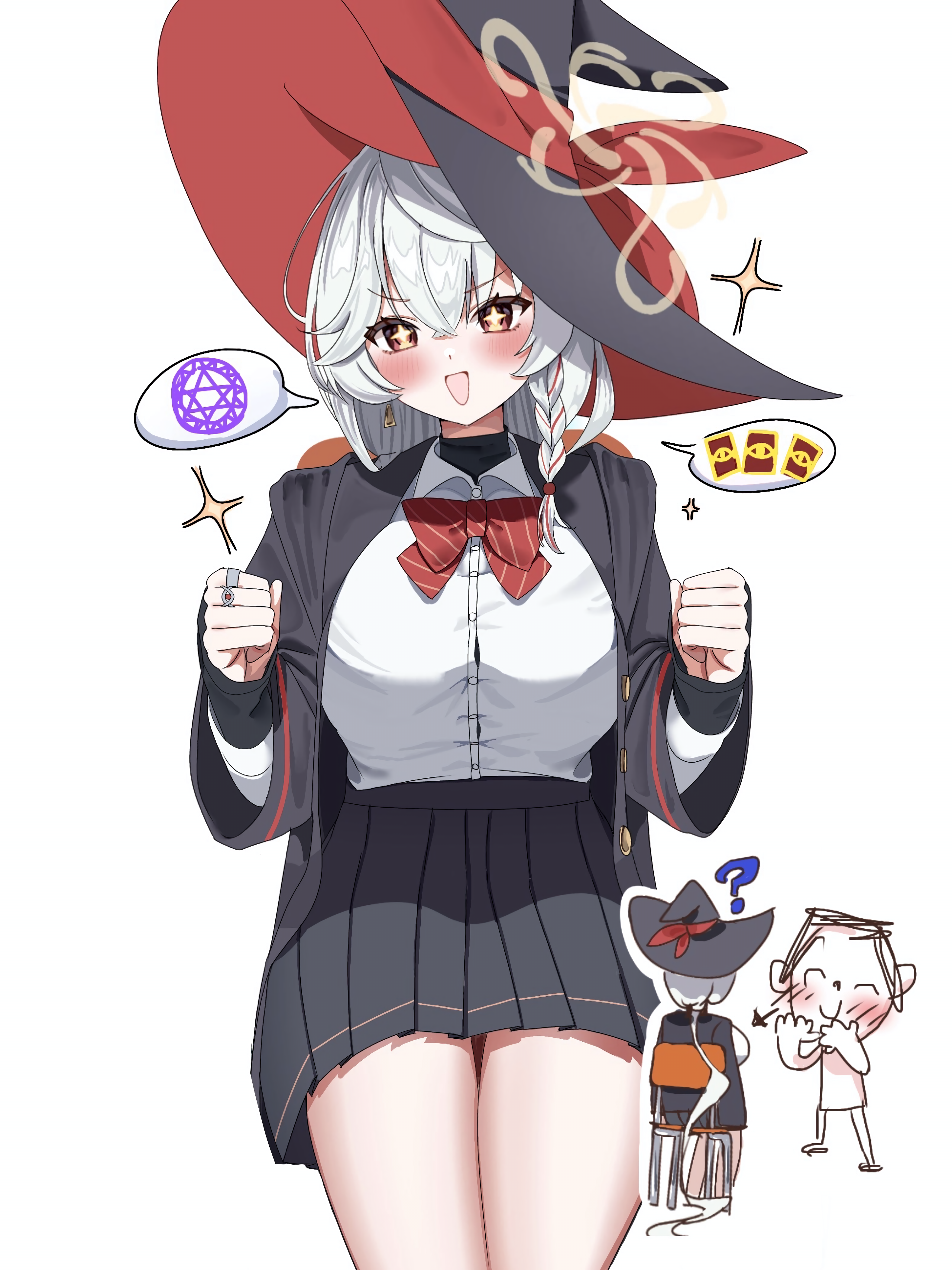 doodle sensei (blue archive), eri (blue archive), sensei (blue archive), blue archive, 1boy, 1girl, bow, bowtie, braid, card, clenched hands, earrings, halo, hat, jacket, jewelry, long coat, long hair, magic circle, orange eyes, ring, shirt, sitting, skirt, sparkling eyes, speech bubble, sweater, thighs, white hair, witch hat