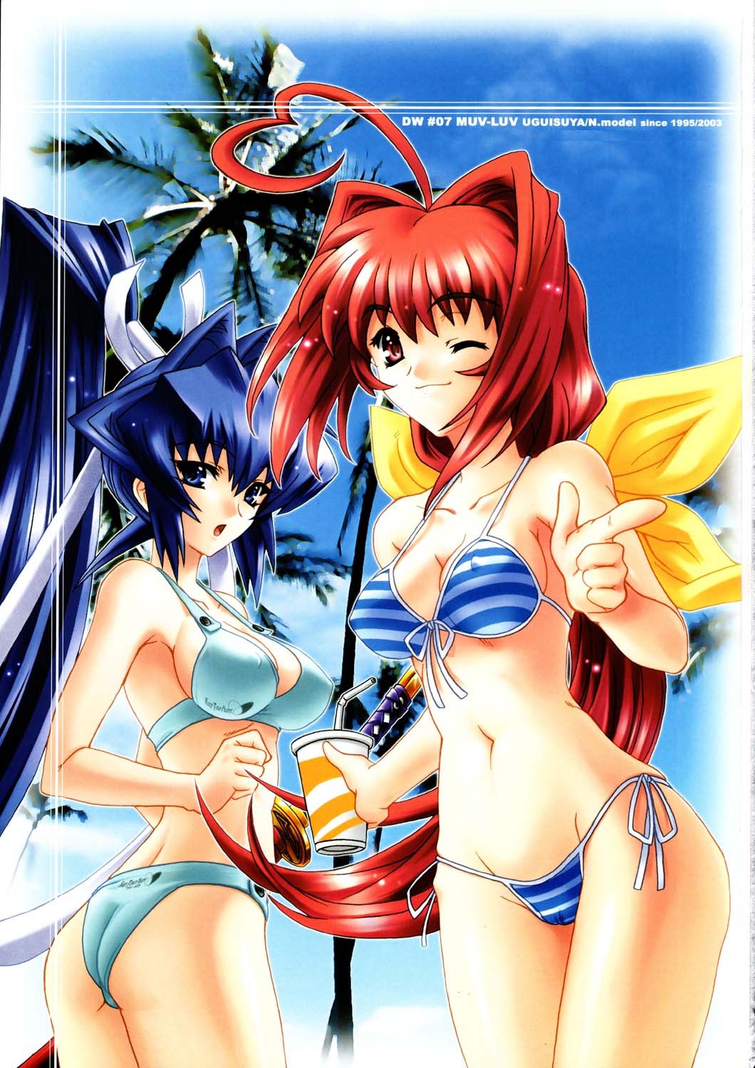 uguisu kagura, kagami sumika, mitsurugi meiya, muv-luv, highres, 2girls, ahoge, ass, back, bikini, blue eyes, blue hair, breasts, cameltoe, cleavage, covered erect nipples, day, front-tie top, heart, heart ahoge, huge ahoge, long hair, medium breasts, multiple girls, one eye closed, pointing, ponytail, red eyes, red hair, side-tie bikini bottom, striped bikini, striped clothes, swimsuit, sword, very long hair, weapon, wink