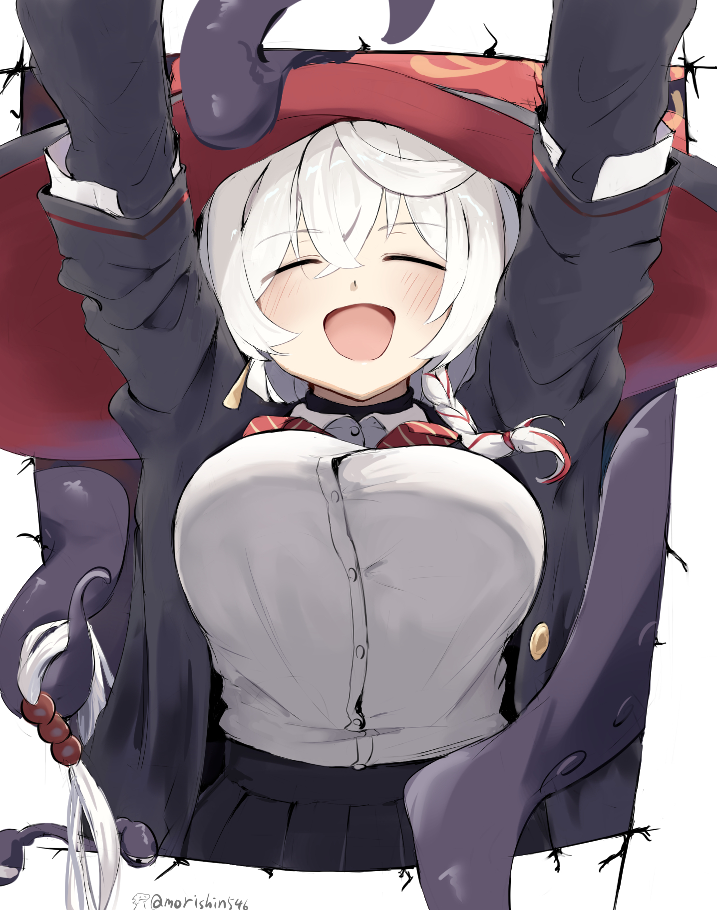 morishin546, eri (blue archive), blue archive, :d, bow, bowtie, braid, breasts, closed eyes, earrings, halo, hat, jacket, jewelry, large breasts, long coat, long hair, open mouth, orange eyes, shirt, skirt, smile, sweater, tentacle grab, tentacles, white hair, witch hat