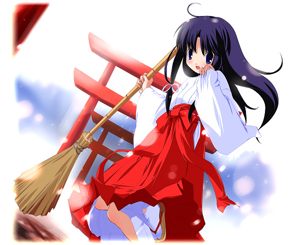 original, 1girl, bamboo broom, blue eyes, broom, dutch angle, female focus, hakama, hakama skirt, japanese clothes, long hair, miko, multiple torii, purple hair, red hakama, sandals, skirt, solo, tabi, torii, zouri
