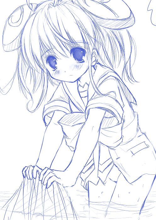 rizel, rizelmine, 00s, 1girl, blue theme, blush, bottomless, female focus, monochrome, school uniform, serafuku, simple background, skirt, solo, unworn skirt, water, white background