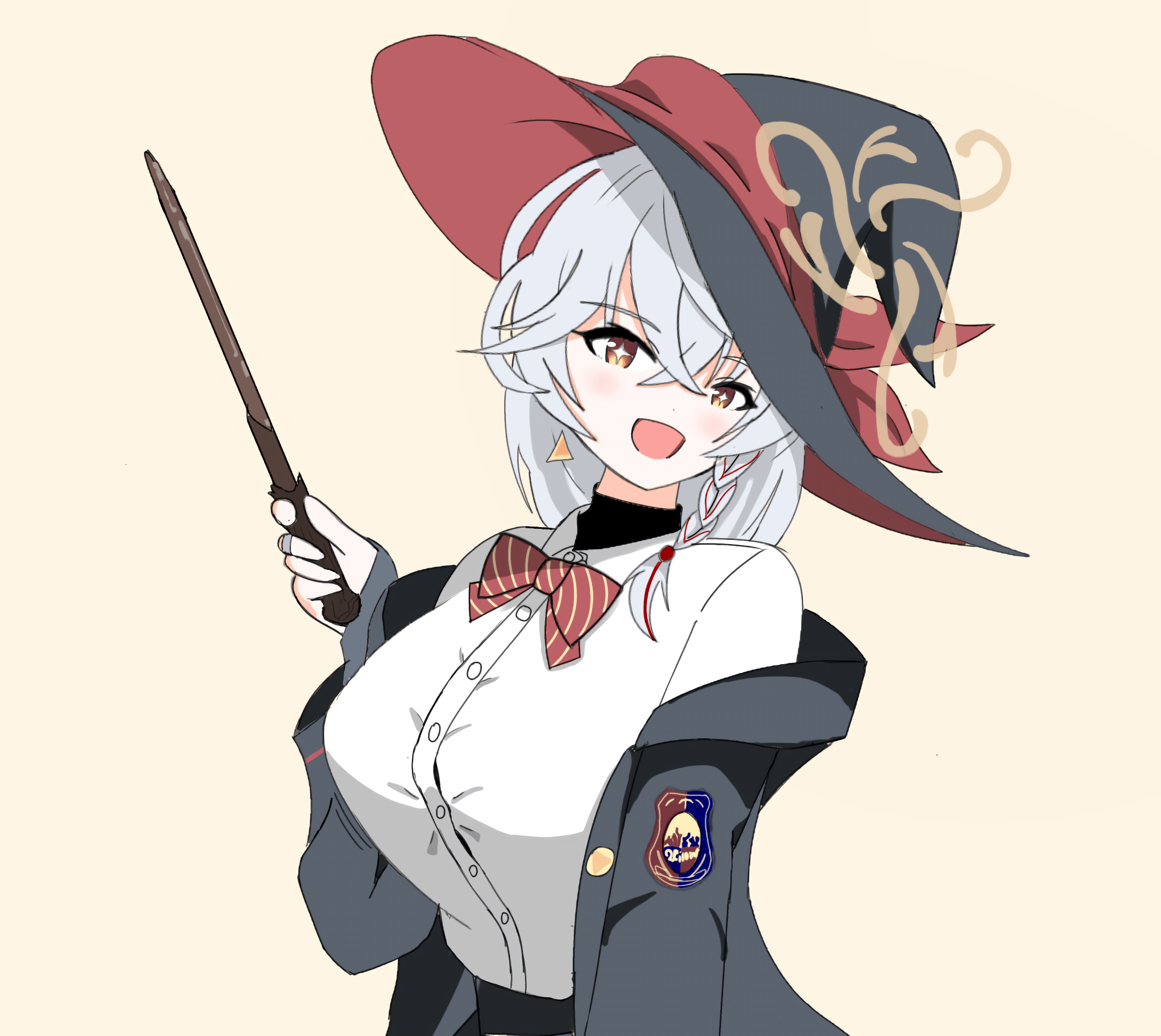 eri (blue archive), blue archive, :d, bow, bowtie, braid, earrings, halo, hat, head tilt, jacket, jewelry, long coat, long hair, open mouth, orange eyes, shirt, skirt, smile, sparkling eyes, sweater, wand, white hair, witch hat