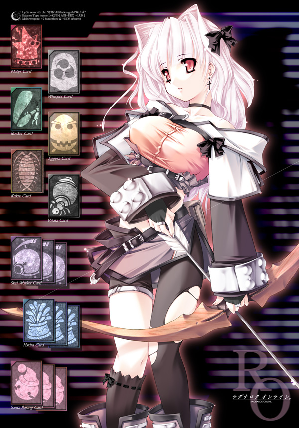 jian, hunter (ragnarok online), ragnarok online, arrow (projectile), bow (weapon), hunter, red eyes, solo, torn clothes, weapon