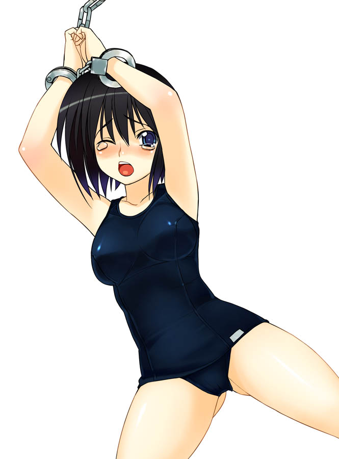 a1 (initial-g), 1girl, bdsm, black hair, blue eyes, blue one-piece swimsuit, bondage, bound, cuffs, female focus, handcuffs, one-piece swimsuit, school swimsuit, solo, swimsuit, tears