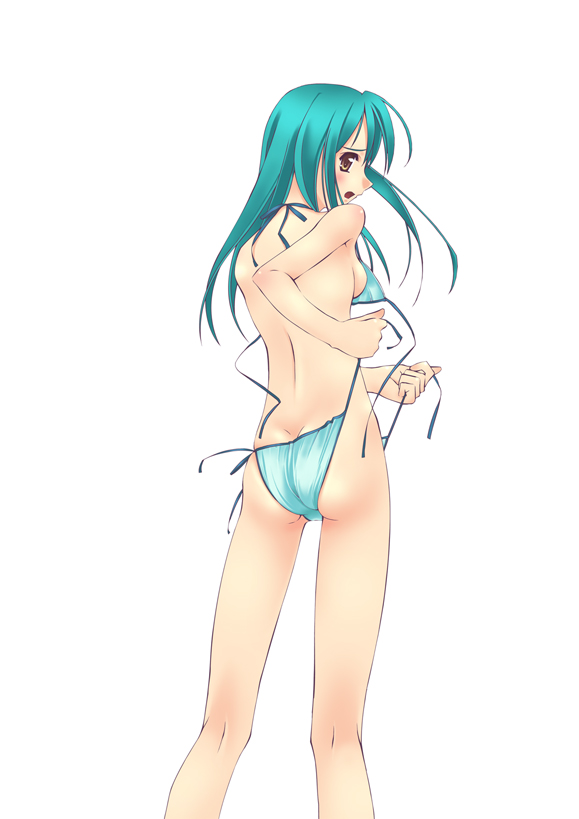 murakami suigun, 1girl, ass, bikini, blue bikini, breasts, brown eyes, female focus, green hair, long hair, medium breasts, side-tie bikini bottom, sideboob, solo, swimsuit, untied bikini