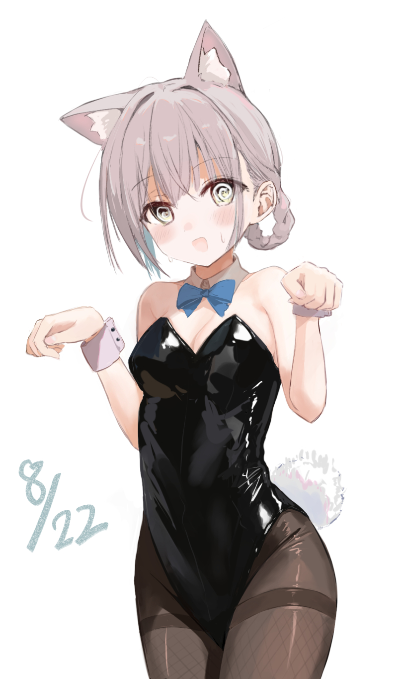 nekozya1, original, highres, @ @, animal ear hairband, animal ears, black leotard, black pantyhose, blue bow, blue bowtie, bow, bowtie, braid, brown eyes, bunny day, cat ears, cowboy shot, detached collar, fake animal ears, grey hair, hair rings, hairband, kittysuit, leotard, nontraditional playboy bunny, pantyhose, paw pose, playboy bunny, rabbit ears, rabbit tail, short hair, simple background, single braid, single hair ring, strapless, strapless leotard, tail, thighband pantyhose, white background, wrist cuffs