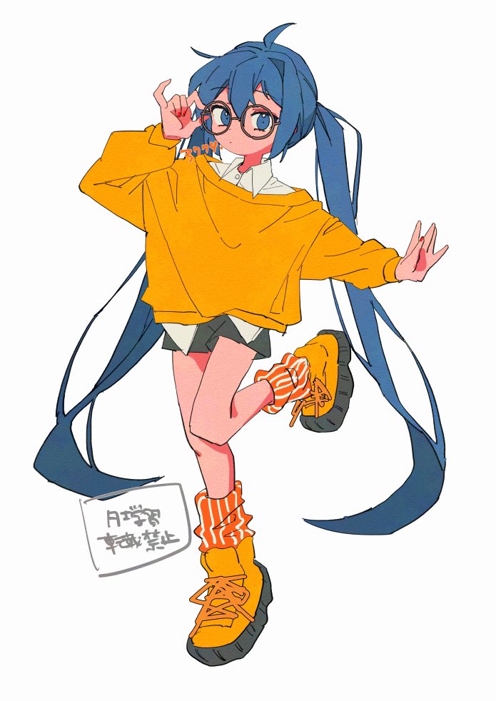 3774., hatsune miku, vocaloid, 1girl, adjusting eyewear, ahoge, alternate costume, bespectacled, black-framed eyewear, black shorts, blue hair, boots, closed mouth, collared shirt, double-parted bangs, expressionless, full body, glasses, hand up, knee up, leg warmers, long hair, long sleeves, looking at viewer, orange boots, orange leg warmers, orange sweater, outstretched arm, round eyewear, shirt, shoelaces, short shorts, shorts, simple background, solo, standing, standing on one leg, sweater, twintails, untucked shirt, very long hair, white background, white shirt, wing collar