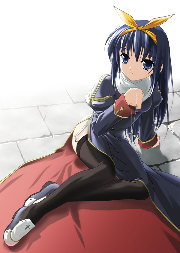 priest (ragnarok online), ragnarok online, 1girl, blue hair, cross, cross necklace, female focus, garter belt, hairband, jewelry, necklace, priest, priestess, ribbon, rosary, solo, thighhighs