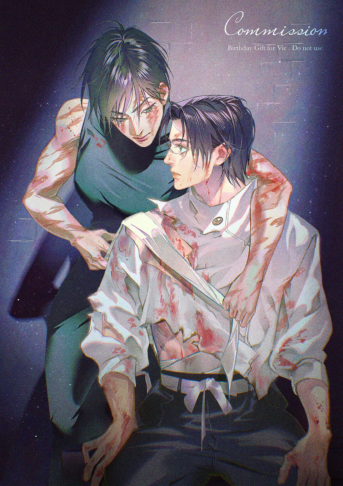 lacampanule, okkotsu yuuta, zen'in maki, jujutsu kaisen, commission, highres, 1boy, 1girl, arm around neck, bare arms, bare shoulders, belt, black hair, black pants, black shirt, blood, blood on arm, blood on clothes, blood on face, couple, hair between eyes, hetero, jacket, looking at another, pants, parted bangs, shirt, short hair, sitting, torn clothes, white belt, white jacket