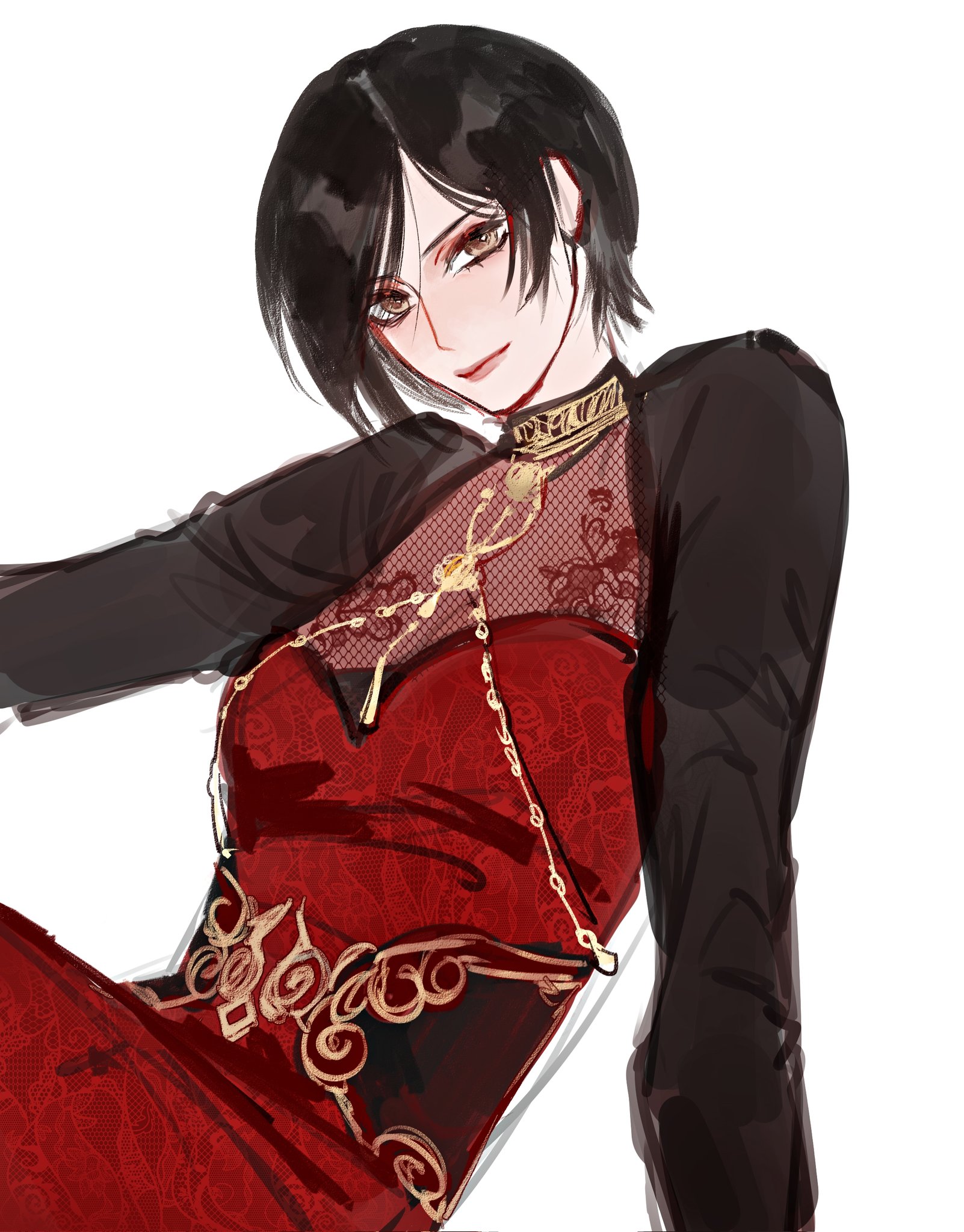 mofa shuimu jiang, ada wong, resident evil, highres, 1girl, black sleeves, breasts, brown eyes, closed mouth, dress, gold trim, long sleeves, looking at viewer, medium breasts, parted bangs, red dress, short hair, sketch, solo, upper body, white background