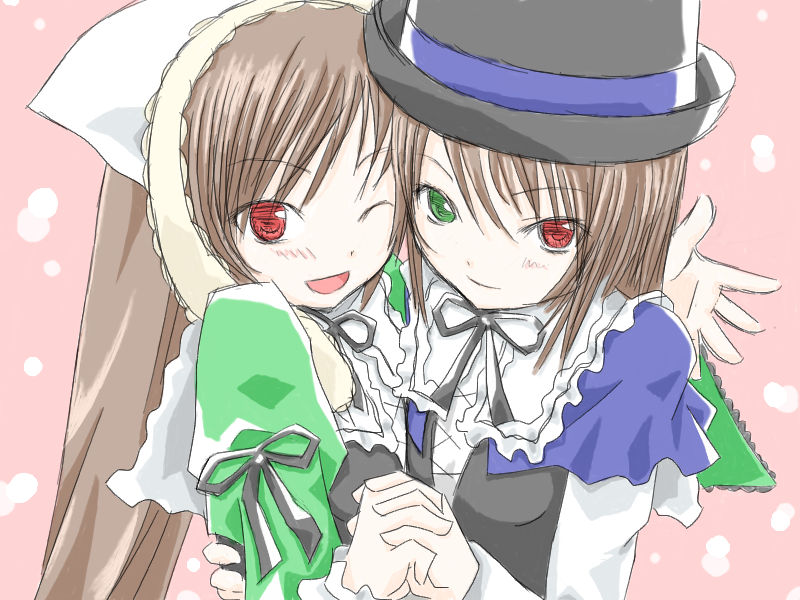 souseiseki, suiseiseki, rozen maiden, 00s, 2girls, hat, headscarf, heterochromia, long hair, multiple girls, short hair, siblings, sisters, twins, very long hair, white headscarf