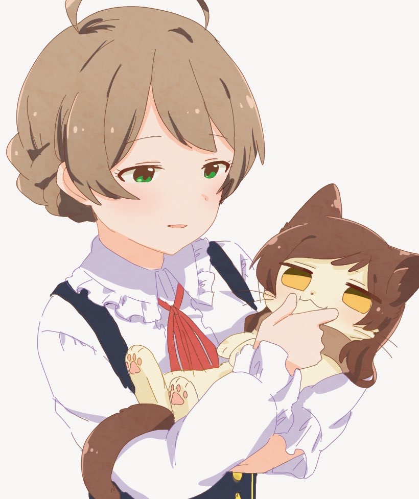 hutaba, kitazawa shiho, sakuramori kaori, idolmaster, idolmaster million live!, 1girl, :3, ahoge, animal, animalization, braid, brown eyes, brown hair, cat, green eyes, holding, holding animal, holding cat, light blush, long hair, long sleeves, neck ribbon, red ribbon, ribbon, shirt, short hair, simple background, upper body, white background, white shirt