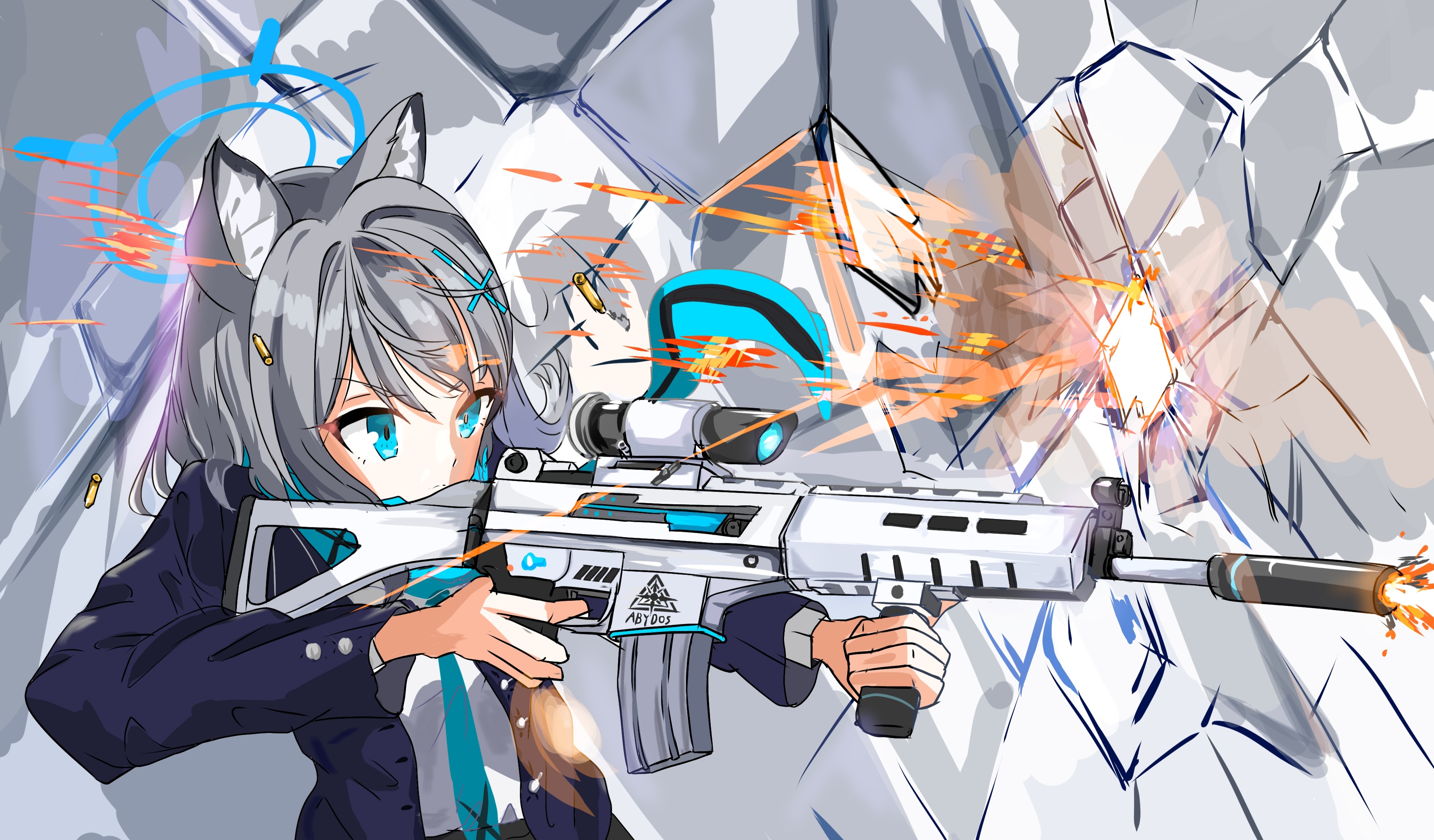 shiroko (blue archive), blue archive, aiming, animal ears, ar16, assault rifle, blue eyes, casing ejection, firing, grey hair, gun, hair ornament, hairclip, halo, heterochromia, muzzle flash, necktie, rifle, scarf, school uniform, shell casing, weapon, wolf ears