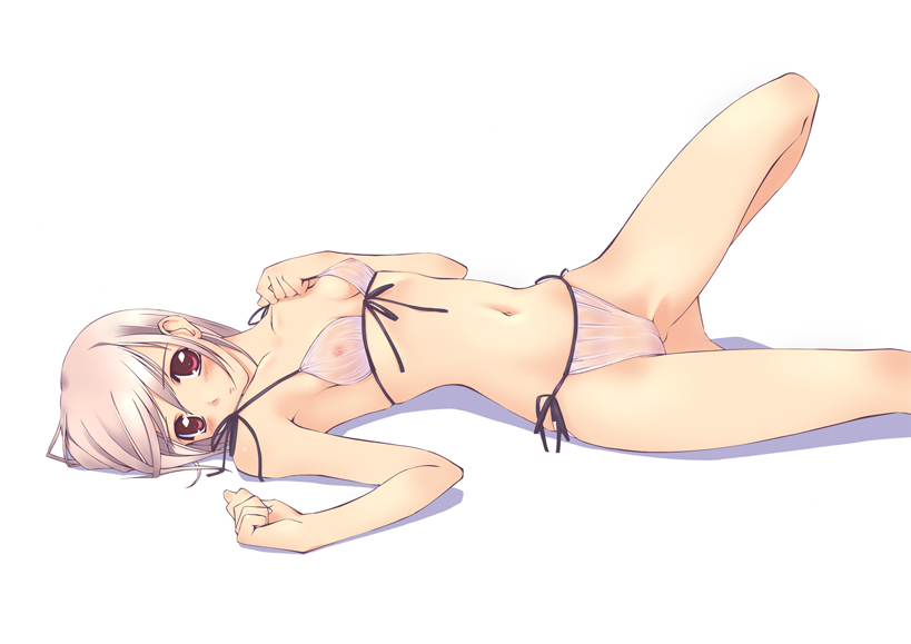 murakami suigun, original, duplicate, 1girl, bikini, breasts, covered erect nipples, female focus, nipples, pink hair, red eyes, see-through clothes, side-tie bikini bottom, small breasts, solo, swimsuit