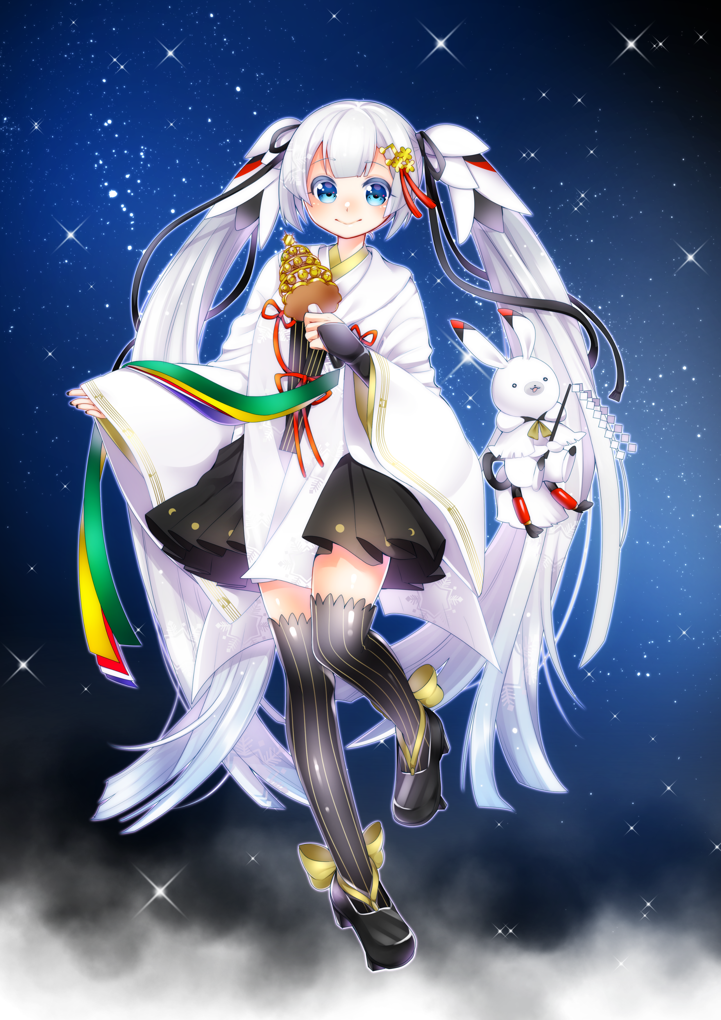 masumofu, hatsune miku, rabbit yukine, yuki miku, yuki miku (2018), vocaloid, absurdres, highres, 1girl, 1other, bell, black sandals, black thighhighs, blue eyes, blush, chihaya (clothing), closed mouth, fortissimo, hair ornament, holding, holding bell, japanese clothes, jingle bell, kagura suzu, long hair, looking at viewer, musical note, musical note hair ornament, musical note print, musical staff, musical staff print, official alternate costume, official alternate hairstyle, pleated skirt, rabbit, sandals, skirt, smile, starry sky print, striped clothes, striped thighhighs, thighhighs, twintails, very long hair, white hair, wide sleeves