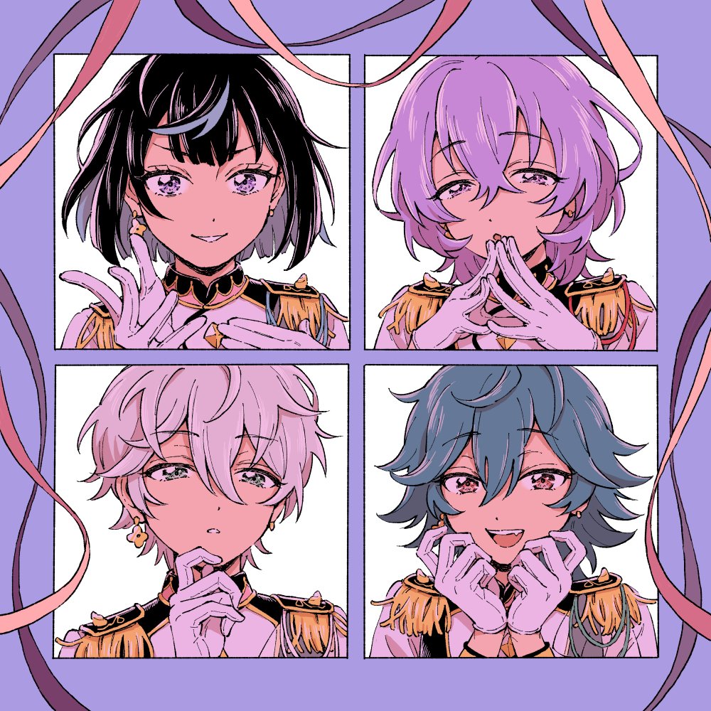 hanamura fuyume, hojo raika, natsu kanna, sagiri esu, ensemble stars!, 4boys, androgynous, aqua hair, armor, black hair, border, gloves, hands up, looking at viewer, male focus, matching outfits, moi 658, multiple boys, pauldrons, portrait, purple border, purple hair, ribbon, shoulder armor, white background, white gloves, white hair