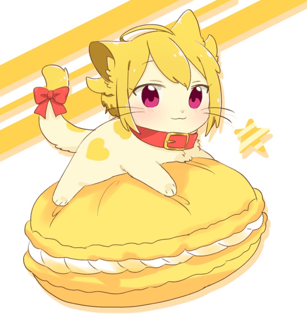hutaba, ibuki tsubasa, idolmaster, idolmaster million live!, :3, ahoge, animal, animal collar, animal focus, animalization, blonde hair, bow, closed mouth, collar, drop shadow, food, full body, hair flaps, light blush, long hair, macaron, no humans, pink eyes, red bow, red collar, short hair, solo, tail, tail bow, tail ornament, white background