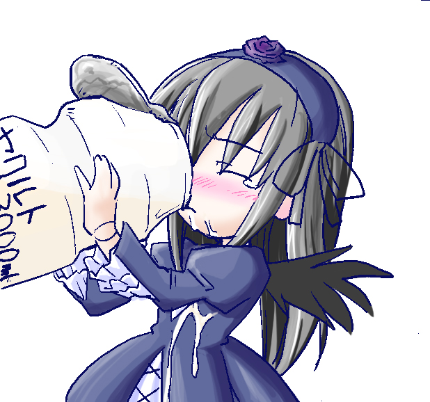 suigintou, rozen maiden, yakult, 00s, 1girl, black hair, blush, closed eyes, doll, doll joints, dress, female focus, gothic lolita, joints, lactic acid bacteria, lolita fashion, long hair, mini person, minigirl, simple background, solo, white background, wings, yogurt