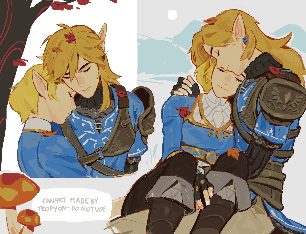 pyonteo, link, princess zelda, nintendo, the legend of zelda, the legend of zelda: breath of the wild, the legend of zelda: tears of the kingdom, 1boy, 1girl, arm around shoulder, armor, black gloves, black pants, blonde hair, blue shirt, blue tunic, boots, breasts, brown boots, chainmail, closed eyes, couple, earrings, falling leaves, fingerless gloves, gloves, gold trim, grey pants, hair between eyes, hetero, jewelry, leaf, long hair, medium breasts, multiple views, mushroom, pants, pointy ears, shirt, short hair, shoulder armor, sidelocks, sitting, sitting on lap, sitting on person, tree, tunic, under tree, upper body