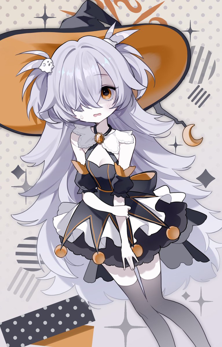 kanoe (blue archive), blue archive, highres, 1girl, blush, breasts, cowboy shot, dutch angle, embarrassed, grey hair, hair ornament, hair over one eye, halo, hat, long hair, looking at viewer, m cur, m cury, open mouth, orange eyes, orange hat, simple background, small breasts, solo, standing, twintails, witch, witch hat
