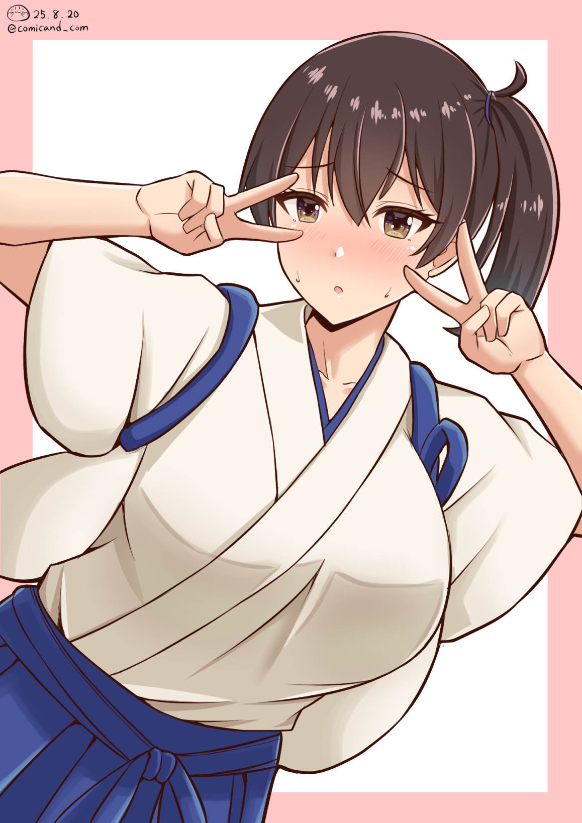 shiromaru (maniado), kaga (kancolle), kantai collection, commentary request, highres, 1girl, black hair, blue hakama, border, brown eyes, dated, double v, hakama, hakama short skirt, hakama skirt, japanese clothes, long hair, muneate, pink border, side ponytail, skirt, solo, twitter username, two-tone background, upper body, v, v over eye, white background
