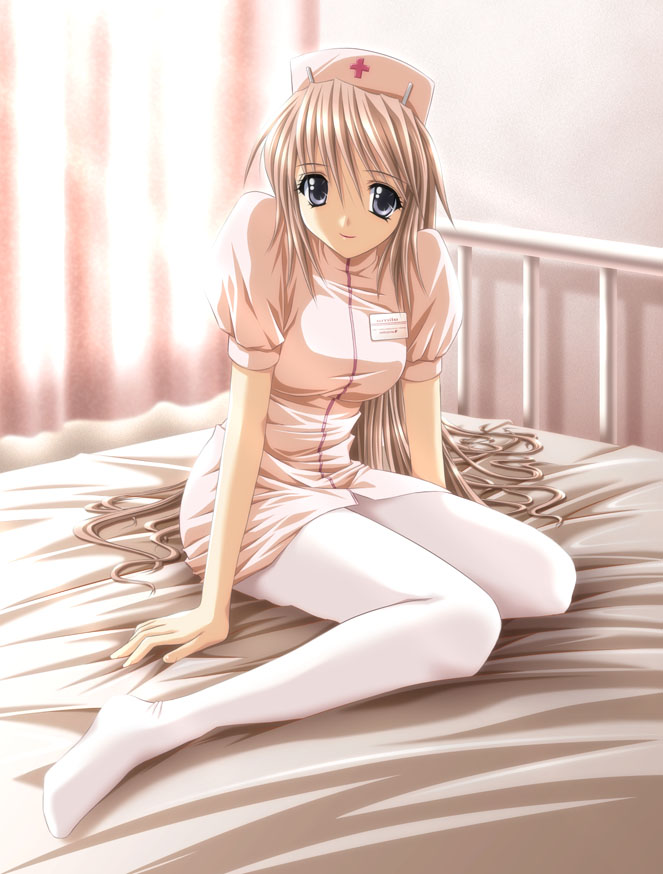 shiragi, original, duplicate, 1girl, arms at sides, bed, cross, cross print, female focus, full body, indoors, long hair, nurse, pantyhose, posted three times, sitting, smile, solo, very long hair, white pantyhose