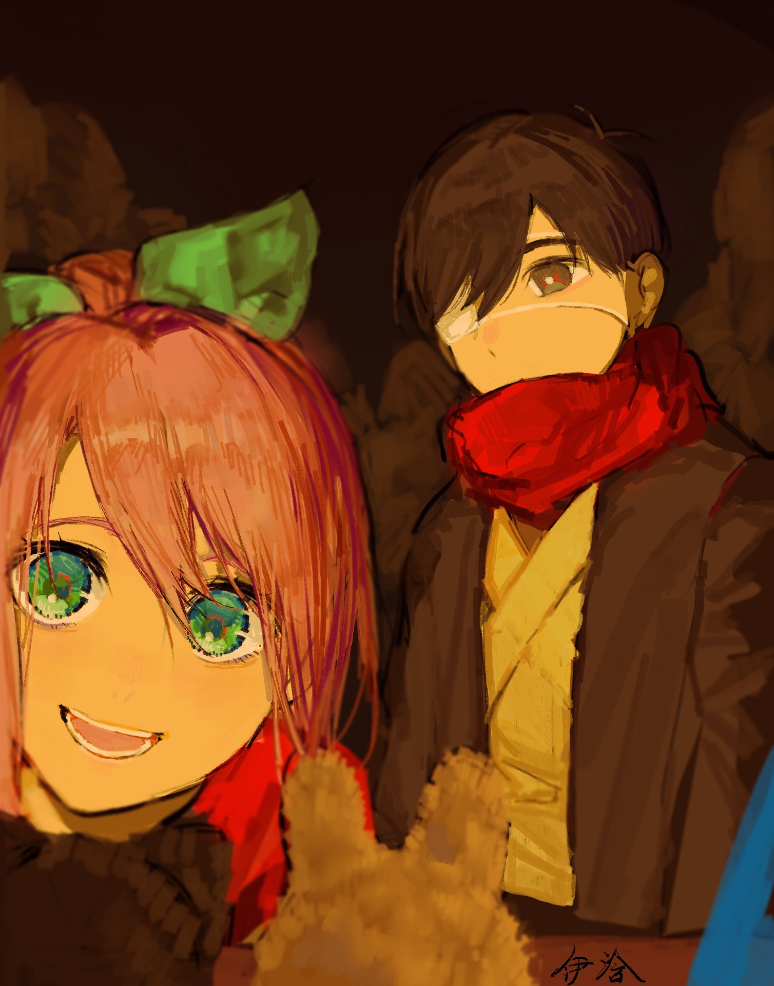 yihanmomo, aubrey (faraway) (omori), aubrey (omori), sunny (omori), omori, highres, 1boy, 1girl, antenna hair, black hair, blue headband, brown gloves, eyepatch, gloves, green eyes, grey eyes, headband, jacket, looking at viewer, medical eyepatch, open mouth, pink hair, red scarf, scarf, short hair, signature, smile, v