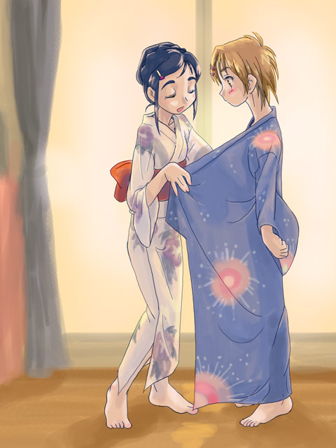 ugai yuichi, misumi nagisa, yukishiro honoka, futari wa precure, precure, 00s, 2girls, barefoot, blush, brown hair, dressing, feet, hair ornament, hairclip, japanese clothes, kimono, multiple girls, obi, open clothes, open kimono, purple hair, sash, see-through clothes, short hair, toes, yukata