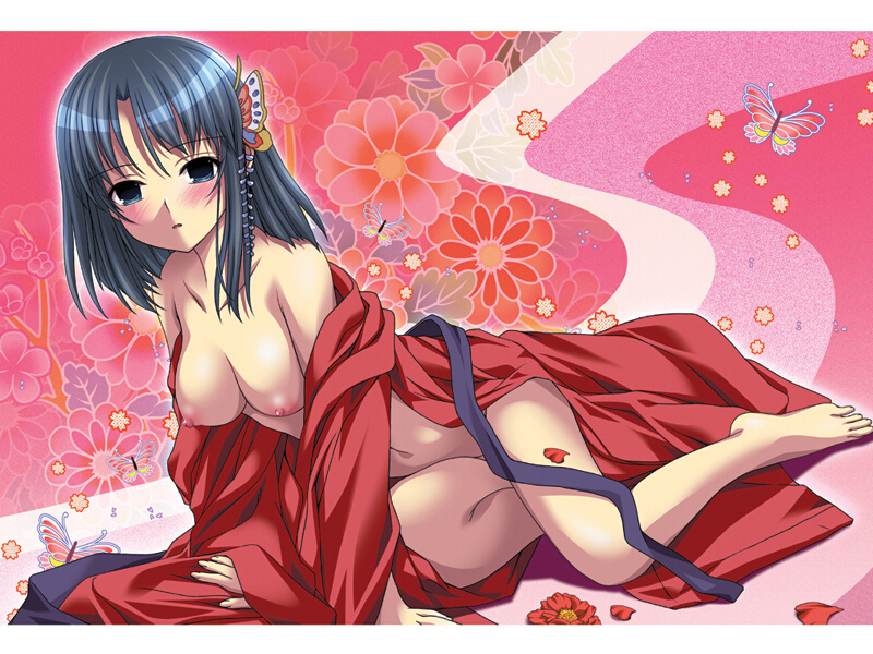 aojiru, chouko (chou no yume), chou no yume, 1girl, barefoot, black hair, blue eyes, blush, breasts, bug, butterfly, feet, female focus, flower, hair ornament, hairpin, japanese clothes, large breasts, nipples, off shoulder, open clothes, petals, short hair, solo, toes