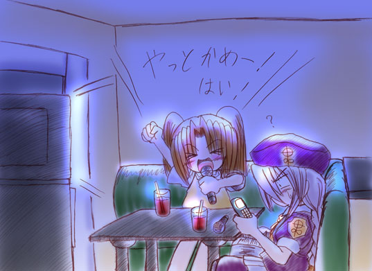 sion eltnam (type-moon), sion eltnam atlasia, yumizuka satsuki, melty blood, tsukihime, > <, 00s, 2girls, beret, closed eyes, drink, hat, karaoke, lyrics, microphone, multiple girls, music, singing