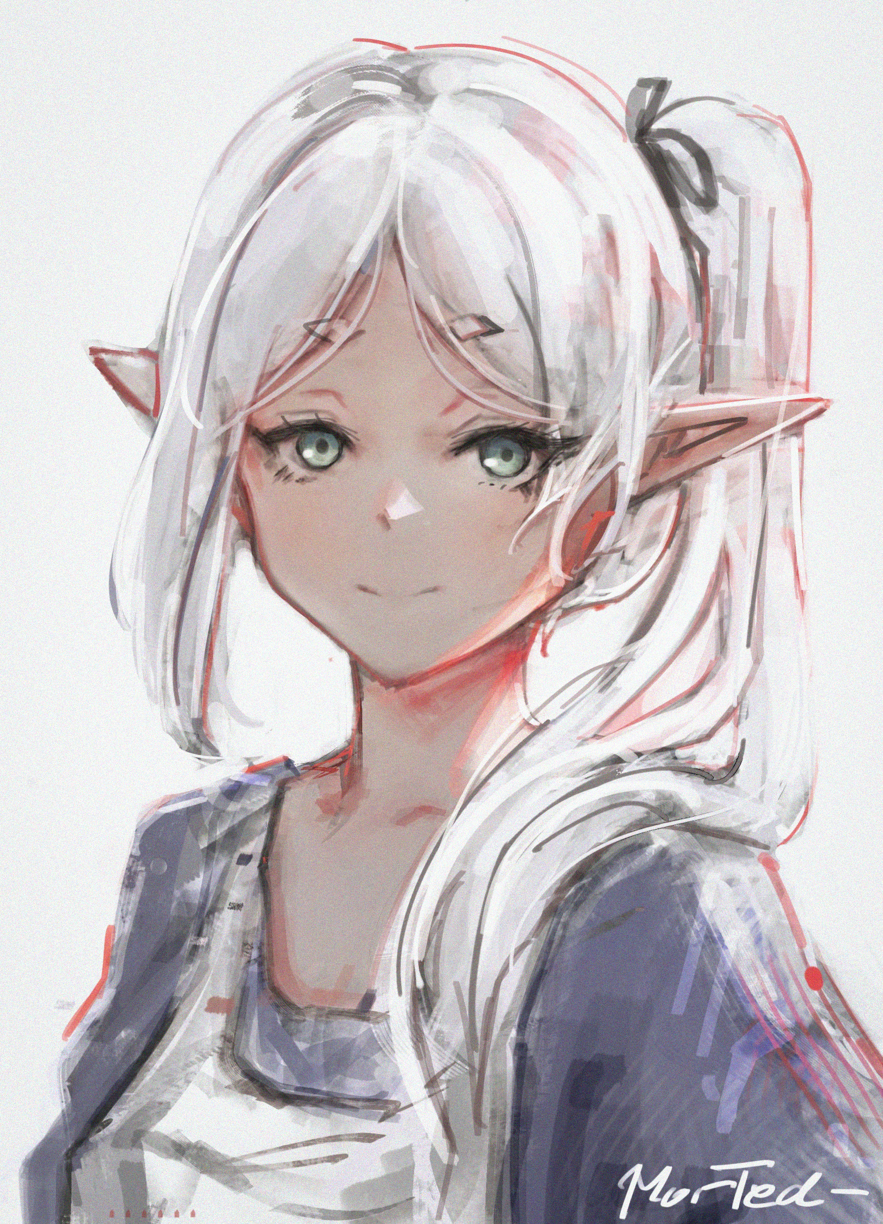 frieren, sousou no frieren, absurdres, commentary, highres, 1girl, alternate costume, alternate hairstyle, black ribbon, blue background, closed mouth, elf, gradient background, green eyes, hair ribbon, long hair, looking at viewer, morted art, painterly, pointy ears, portrait, ribbon, side ponytail, signature, solo, white hair