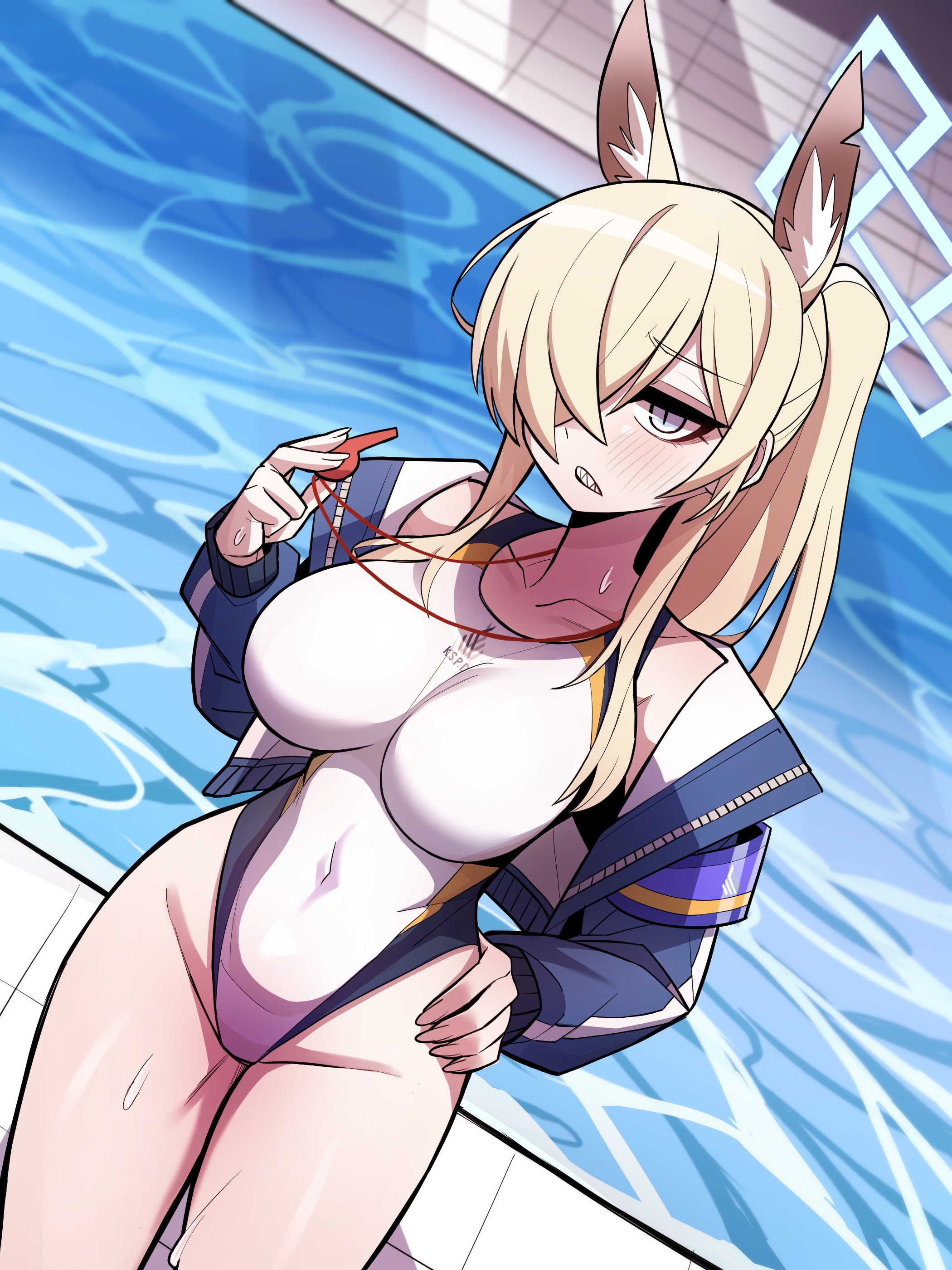 sung08ko, kanna (blue archive), kanna (swimsuit) (blue archive), blue archive, absurdres, highres, animal ear fluff, animal ears, blue halo, breasts, clenched teeth, collarbone, covered navel, dog ears, dutch angle, hair over one eye, halo, hand on own hip, holding, holding whistle, jacket, large breasts, long hair, looking at viewer, one-piece swimsuit, open clothes, open jacket, ponytail, pool, sharp teeth, slit pupils, sweat, swimsuit, teeth, water, whistle