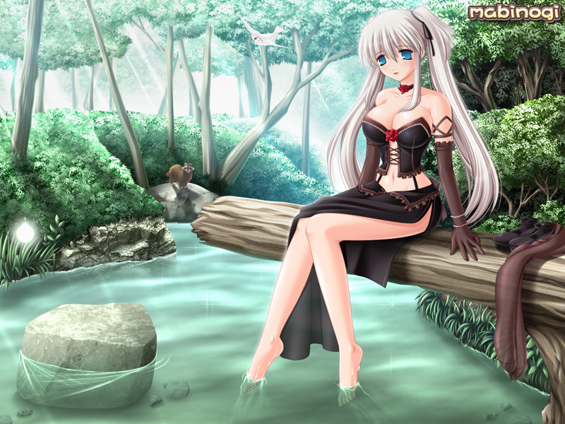 kafu (logaemon), nao (mabinogi), mabinogi, silver hair, 1girl, animal, bird, blue eyes, breasts, bustier, elbow gloves, female focus, flower, gloves, large breasts, legs, lingerie, long hair, long legs, raccoon, red flower, red rose, rose, side slit, sitting, solo, sunlight, thighs, twintails, underwear, water