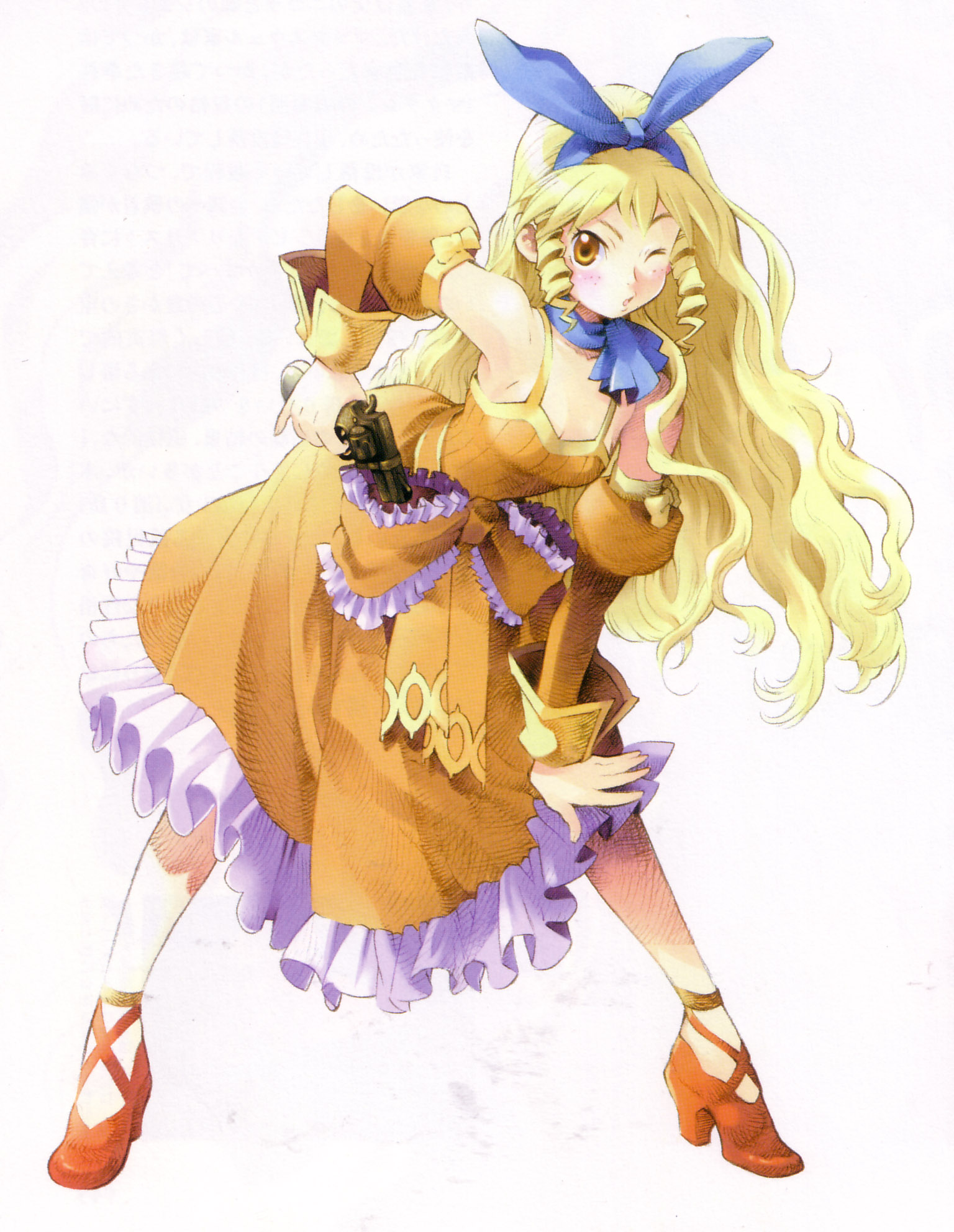ooba wakako, calamity jane, wild arms, wild arms 1, highres, official art, 1girl, ascot, blonde hair, blue ascot, blue ribbon, blue scarf, blush, bow, breasts, brown eyes, collar, detached sleeves, drawing gun, dress, drill hair, facing viewer, female focus, frilled dress, frilled skirt, frills, full body, gun, hair ornament, hair ribbon, handgun, high heels, holding, holding gun, holding revolver, holding weapon, leaning forward, long hair, looking at viewer, medium breasts, one eye closed, orange dress, orange shoes, parted lips, pinky out, revolver, ribbon, scarf, shoes, simple background, skirt, sleeveless, sleeveless dress, solo, standing, waist bow, weapon, white background, wink
