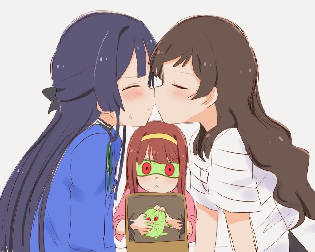hutaba, chupacabra (idolmaster), kitazawa shiho, mogami shizuka, tanaka kotoha, idolmaster, idolmaster million live!, 3girls, black hair, blue cardigan, blush, brown hair, cardigan, closed eyes, closed mouth, from side, imminent kiss, long hair, multiple girls, red hair, shirt, simple background, sweatdrop, white background, white shirt, yuri