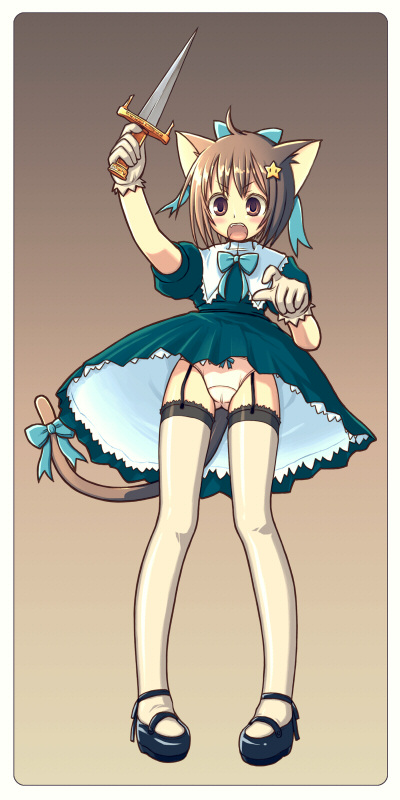 kimarin, 1girl, ahoge, animal ears, bow, bow panties, brown hair, cat ears, cat tail, dress, female focus, from below, garter belt, gloves, hair bow, hair ornament, hairclip, knife, lingerie, panties, pantyshot, ribbon, shoes, solo, standing, tail, tail ornament, tail ribbon, thighhighs, underwear, upskirt, white panties, white thighhighs