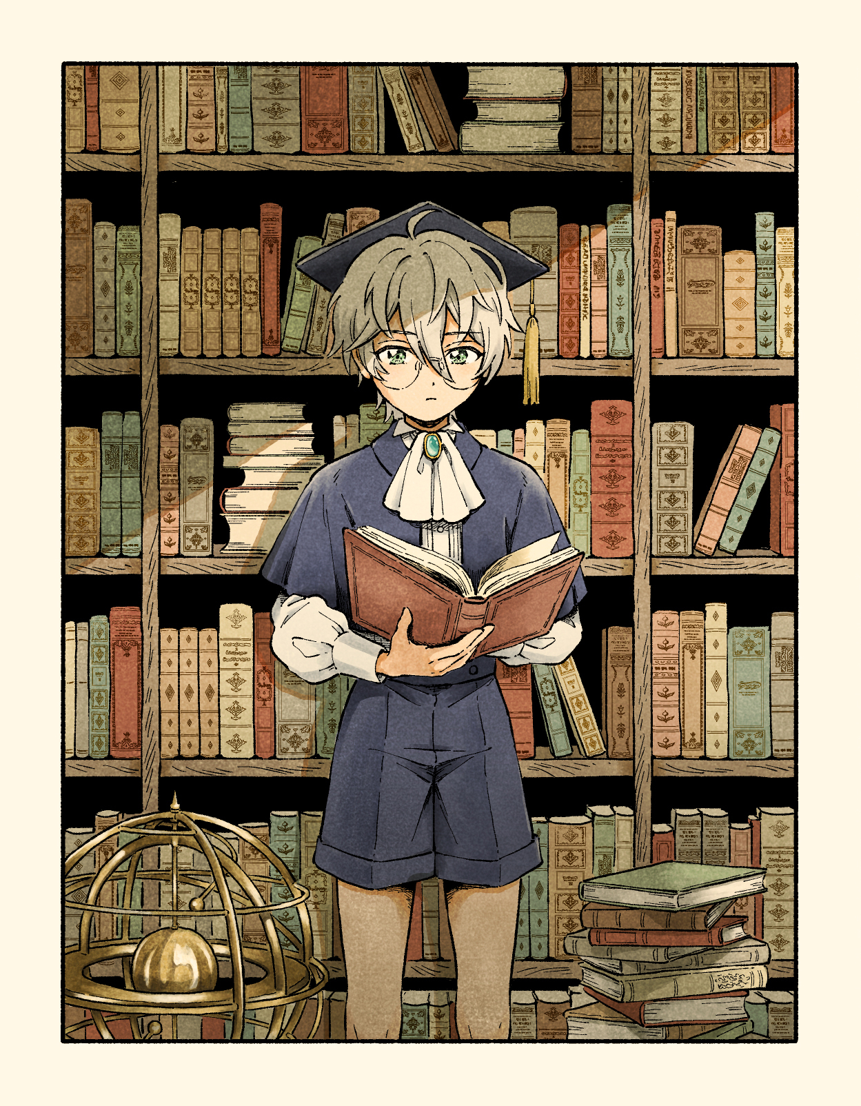 natsu kanna, ensemble stars!, highres, 1boy, :|, ahoge, aqua gemstone, ascot, blue shirt, blue shorts, book, bookshelf, brooch, closed mouth, cowboy shot, double-parted bangs, gem, glasses, hat, high-waist shorts, holding, holding book, indoors, jewelry, layered sleeves, library, long sleeves, male focus, moi 658, poet sleeves, shelf, shirt, short hair, short over long sleeves, short sleeves, shorts, solo, standing, sunlight, two-handed, white ascot, white hair, white sleeves
