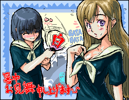 randou, nijou noriko, toudou shimako, maria-sama ga miteru, lowres, 00s, hand fan, holding, holding fan, hot, oekaki, paper fan, shochuumimai, sweat, uchiwa