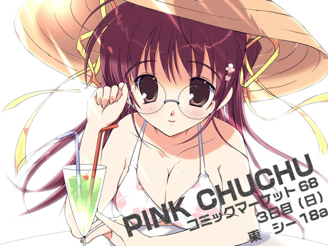 mikeou, comiket, smile summer, 1girl, bikini, breasts, brown eyes, brown hair, cleavage, female focus, glasses, hair ornament, hairclip, hat, large breasts, solo, swimsuit
