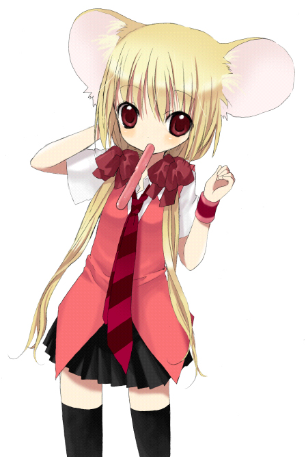 namori, original, 1girl, animal ears, black thighhighs, blonde hair, female focus, long hair, mouse ears, mouth hold, necktie, red eyes, simple background, solo, thighhighs, tupet, very long hair, wristband, zettai ryouiki