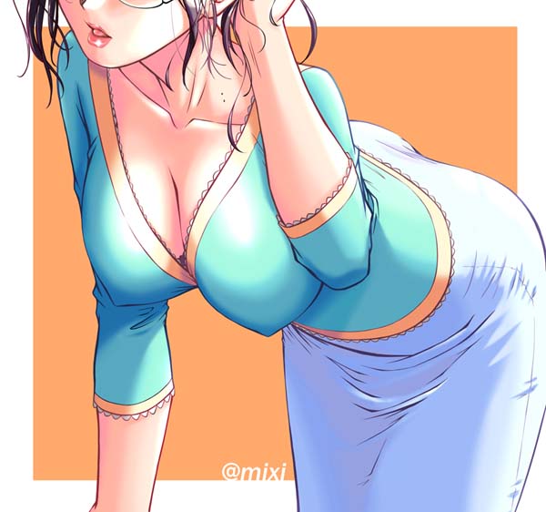 katou ryouichi, original, 1girl, bent over, breasts, cleavage, collarbone, fancy top, female focus, glasses, head out of frame, large breasts, leaning forward, lips, lipstick, makeup, mature female, messy hair, open mouth, skirt, solo, v-neck