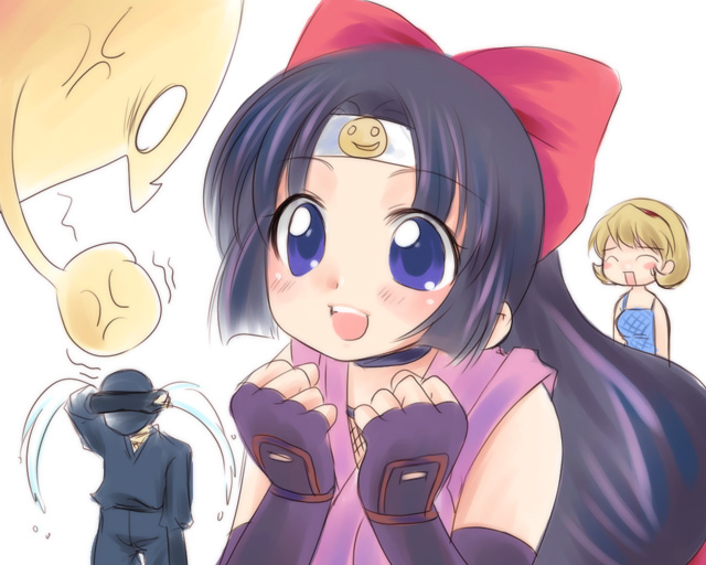 yukian, onsokumaru, sasuke, shinobu (ninin ga shinobuden), shiranui kaede, ninin ga shinobuden, 00s, black hair, blonde hair, blunt bangs, choker, fingerless gloves, fishnets, gloves, hairband, happy, headband, japanese clothes, kimono, ninja, obi, purple eyes, sash, short kimono, smiley face, tears