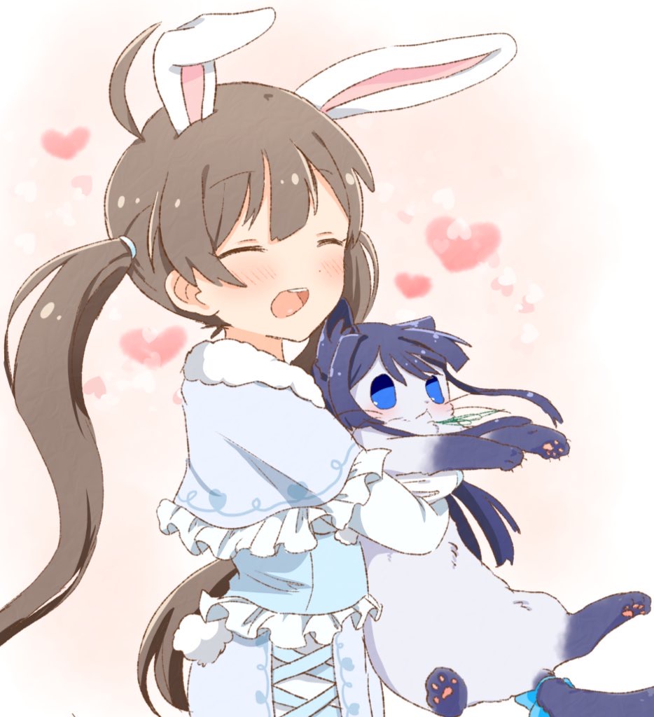 hutaba, hakozaki serika, mogami shizuka, pyonpyon rabbit (idolmaster), idolmaster, idolmaster million live!, idolmaster million live! theater days, 1girl, ahoge, animal, animal ears, animalization, black hair, blue eyes, blush, brown hair, cat, closed eyes, from side, holding, holding animal, holding cat, long hair, official alternate costume, open mouth, rabbit ears, smile, standing, twintails, upper body