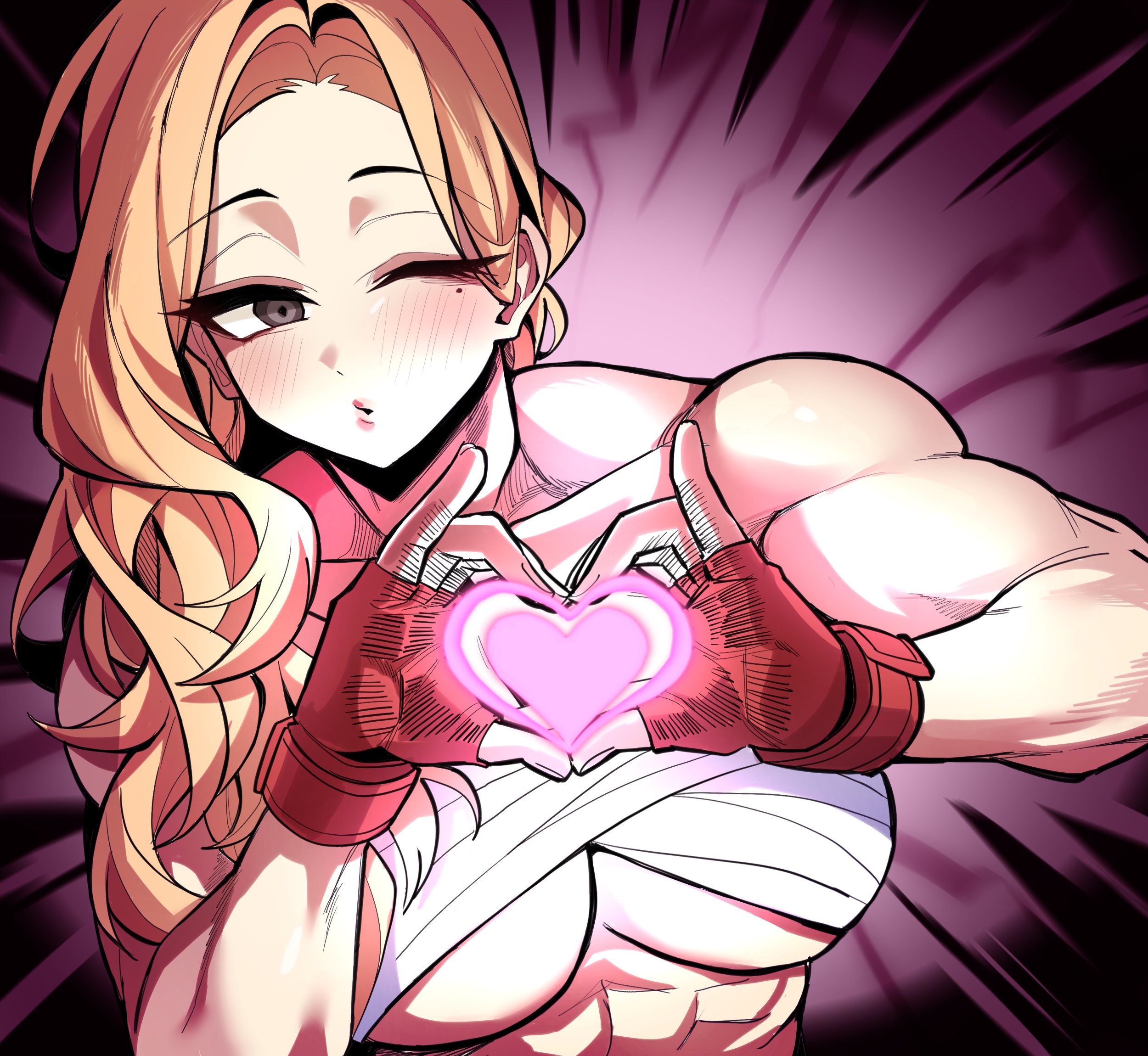 bluhbold, sung08ko, akemi (blue archive), blue archive, highres, 1girl, abs, bare shoulders, blonde hair, breasts, brown eyes, chest sarashi, collarbone, fingerless gloves, gloves, heart, heart hands, long hair, looking at viewer, mole, mole under eye, muscular, muscular female, one eye closed, puckered lips, red gloves, sarashi, solo, underboob