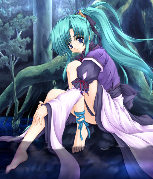 wakou tensui, 1girl, against tree, aqua hair, barefoot, feet, female focus, hair ribbon, japanese clothes, long hair, long sleeves, night, outdoors, ponytail, ribbon, sitting, smile, soaking feet, solo, tree, very long hair, water