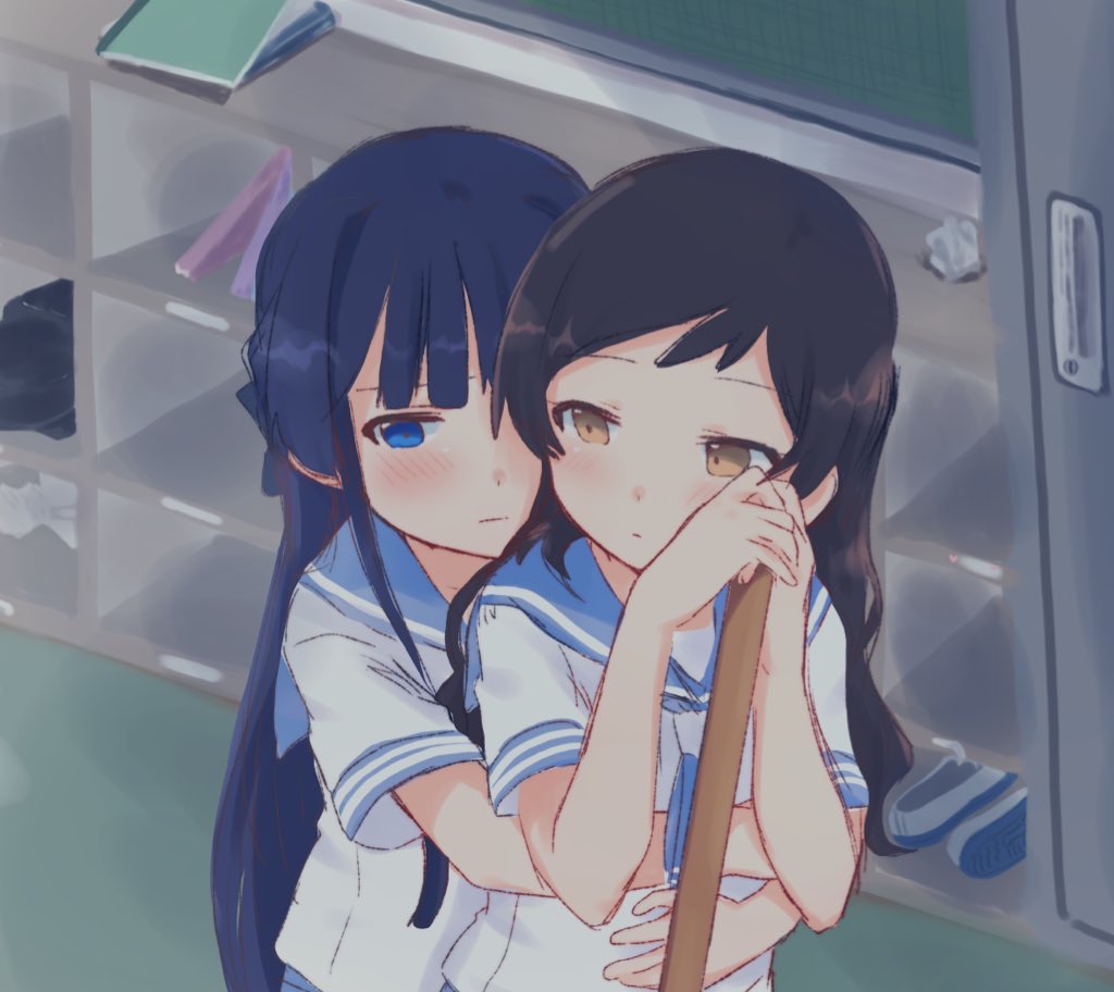 hutaba, kitazawa shiho, mogami shizuka, idolmaster, idolmaster million live!, 2girls, behind another, black hair, blue eyes, blue sailor collar, blush, brown eyes, brown hair, closed mouth, holding, hug, hug from behind, indoors, long hair, looking to the side, multiple girls, sailor collar, school uniform, serafuku, shirt, short sleeves, yuri